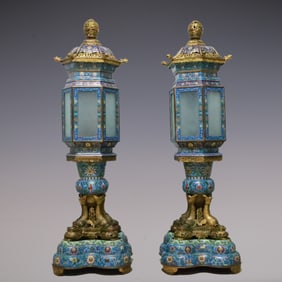 A Pair of Exquisite Cloisonne Lotus Pattern Seawater Pattern Palace Lantern Ornament