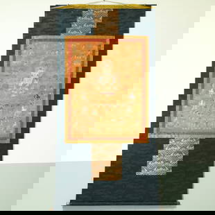 An Exquisite Brocade Painted Color Buddha Statue Tangka: An Exquisite Brocade Painted Color Buddha Statue Tangka Ming Dynasty, China Size:36.6inx71.7in织锦彩绘长寿佛唐卡 中国明代