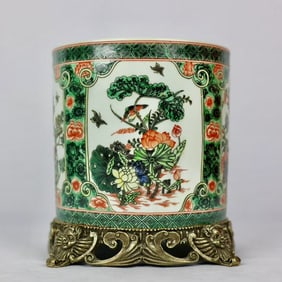An Exquisite Wucai Inlaid Bronze Flower and Bird Pattern Brush Pot
