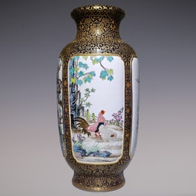 An Exquisite Ji Blue Glazed Painted Gold Lotus Pattern Flower and Bird Pattern Vase