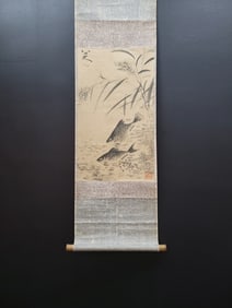 A Chinese Vertical Scroll Ink Painting of Fish on Paper