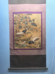 A Chinese Vertical Scroll Ink Painting of Flower and Bird on Silk