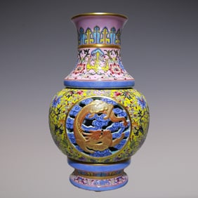 An Exquisite Enamel Painted Gold Dragon Pattern Lotus Pattern Flower and Butterfly Pattern Vase