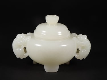 An Exquisite White Jade Double-Ears and Tripod Censer
