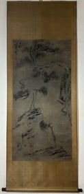 A Chinese Vertical Scroll Ink Painting of Pine and Crane on Paper