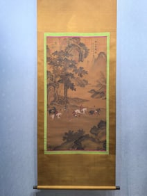 A Chinese Vertical Scroll Ink Painting of Landscape and Figure on Silk