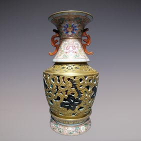 An Exquisite Enamel Eight Treasures Pattern Lotus Pattern Double-Ears Vase
