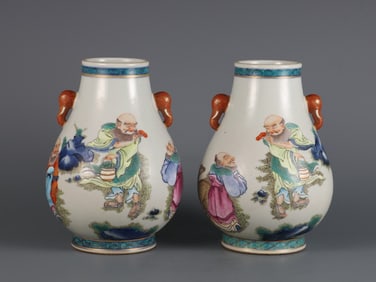 A Pair of Exquisite Famille-Rose Blue and White Character and Story Pattern Double-Ears Vase