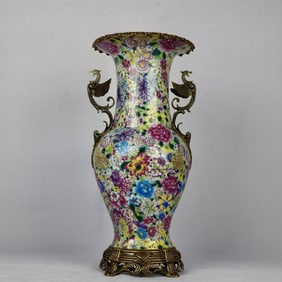 An Exquisite Famille-Rose Inlaid Bronze Flower Pattern Double-Ears Vase
