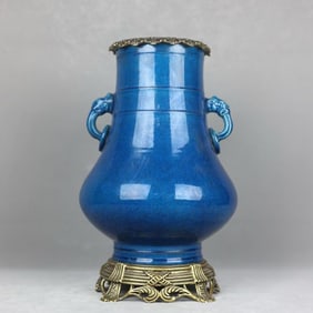An Exquisite Blue Glazed Inlaid Bronze Double-Ears Vase