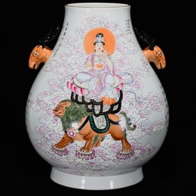 An Exquisite Famille-Rose Character and Story Pattern with poem Double-Ears Vase