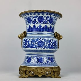 An Exquisite Blue and White Inlaid Bronze Lotus Pattern Double-Ears Vase