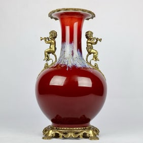 An Exquisite Flambe Glazed Inlaid Bronze Double-Ears Vase