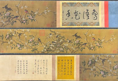A Chinese Hand Scroll Ink Painting of Flower and Bird on Silk