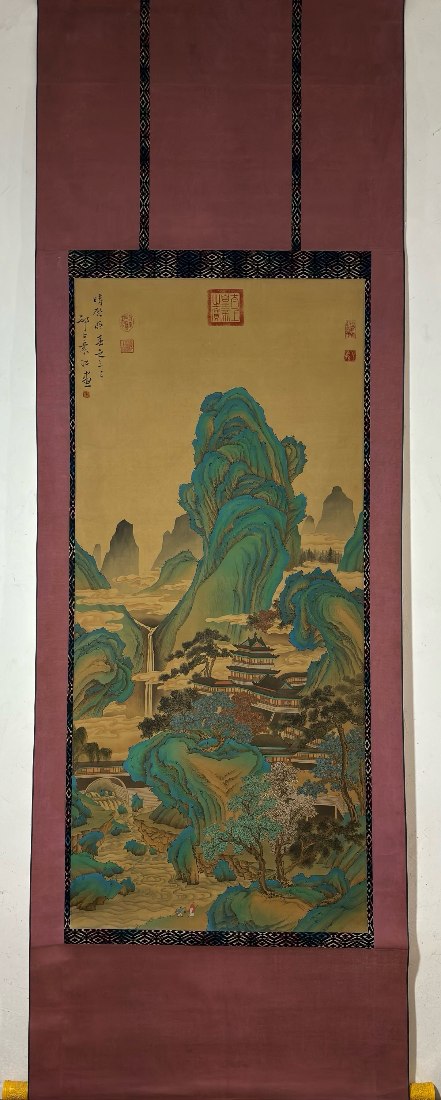A Chinese Vertical Scroll Ink Painting of Landscape on Silk: A Chinese Vertical Scroll Ink Painting of Landscape on Silk Yuan jiang Without frame Size:55.5inx25.2in袁江界画山水图 绢本立轴Without