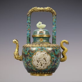 A Exquisite Cloisonne Inlaid White Jade Lotus Pattern Dragon Pattern Double-Ears Ewer