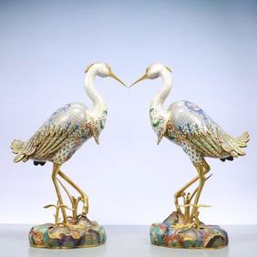 A Exquisite A pair of Cloisonne Lotus Pattern Crane Ornament