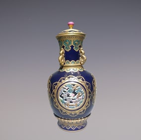 An Exquisite Famille-Rose Ji Blue Glazed Painted Gold Character and Story Pattern Vase