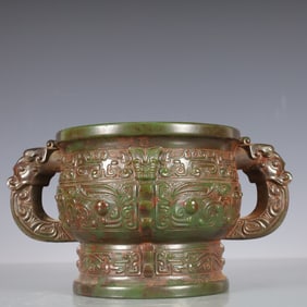 A Exquisite Jasper Beast-Face Pattern Double-Ears Censer
