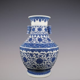 An Exquisite Blue and White Lotus Pattern Seawater Pattern Double-Ears Vase