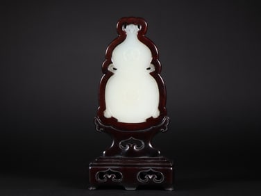 An Exquisite White Jade Inlaid Zitanwood Screen Ornament