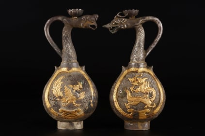 An Exquisite Gilt Silver Dragon and Phoenix Pattern Ewer