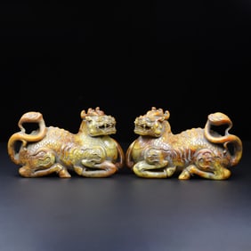 A Pair of Exquisite White Jade Kylin Ornament