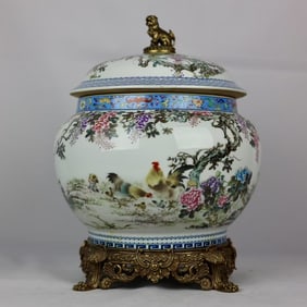 An Exquisite Famille-Rose Inlaid Bronze Flower and Bird Pattern with poem Jar
