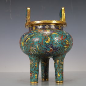 A Exquisite Cloisonne Lotus Pattern Phoenix Pattern Double-Ears and Tripod Censer