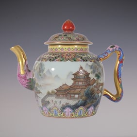 An Exquisite Famille-Rose Lotus Pattern Landscape and Figure Pattern Teapot