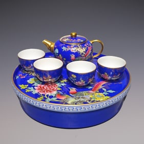 A Set of Fine Enamel Painted Gold Flower and Bird Pattern with poem Teapot Cup
