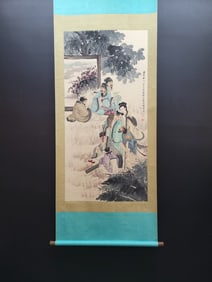 A Chinese Vertical Scroll Ink Painting of Character and Story on Paper