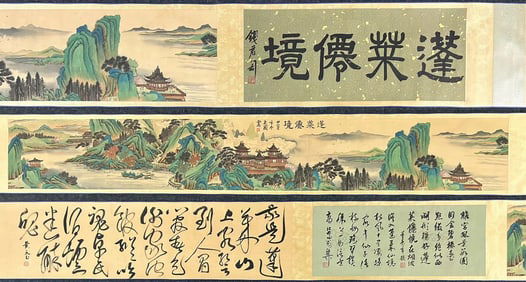 A Chinese Hand Scroll Ink Painting of Landscape on Silk