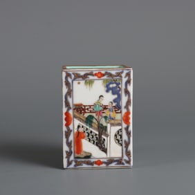 An Exquisite Famille-Rose Blue and White Painted Gold Character and Story Pattern Brush Pot