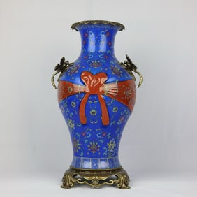 An Exquisite Famille-Rose Inlaid Bronze Lotus Pattern Double-Ears Vase
