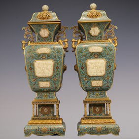 A Pair of Exquisite Cloisonne Inlaid White Jade Lotus Pattern Dragon Pattern Vase