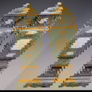 A Pair of Exquisite Cloisonne Inlaid White Jade Lotus Pattern Dragon Pattern Vase: A Pair of Exquisite Cloisonne Inlaid White Jade Lotus Pattern Dragon Pattern Vase Qing Dynasty, China Qianlong Six-character