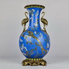 An Exquisite Blue Glazed Inlaid Bronze Dragon Pattern Flower Pattern Double-Ears Vase