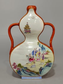 An Exquisite Famille-Rose Imitation Wood Grain Glazed Character and Story Pattern Gourd-Shaped