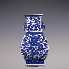 An Exquisite Blue and White Dragon and Phoenix Pattern Double-Ears Vase