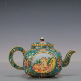 A Exquisite Coppery Enamel Lotus Pattern Character and Story Pattern Teapot
