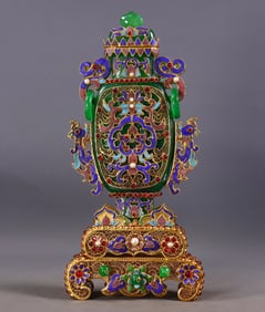 An Exquisite Gilt Bronze Inlaid Gems Flower Pattern Double-Ears Vase