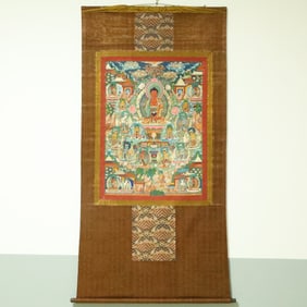An Exquisite Brocade Painted Color Buddha Statue Tangka