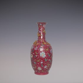 An Exquisite Enamel Ruby Red-Glazed Lotus Pattern Chi-Dragon Pattern Vase