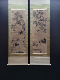 A Chinese Vertical Scroll Ink Painting of Pine and Crane on Paper