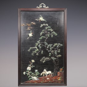 A Exquisite Zitanwood Inlaid Gems Pine and Crane Pattern Flower Pattern Hanging Panel