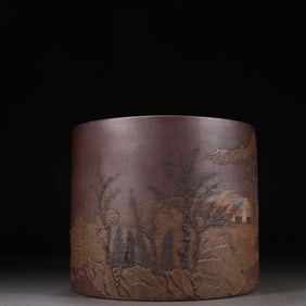 An Exquisite Purple Sands Landscape and Figure Pattern Brush Pot