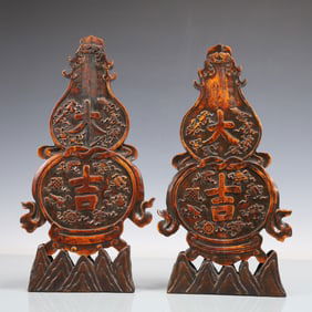 A Exquisite A pair of Zitanwood Eight Treasures Pattern with poem Gourd-Shaped Ornament