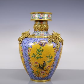 An Exquisite Gilt Bronze Cloisonne Flower and Bird Pattern Dragon Pattern Vase