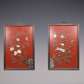 A Exquisite A pair of Zitanwood Inlaid Gems Flower and Bird Pattern Hanging Panel